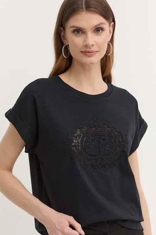czarny Twinset t-shirt bawełniany Damski