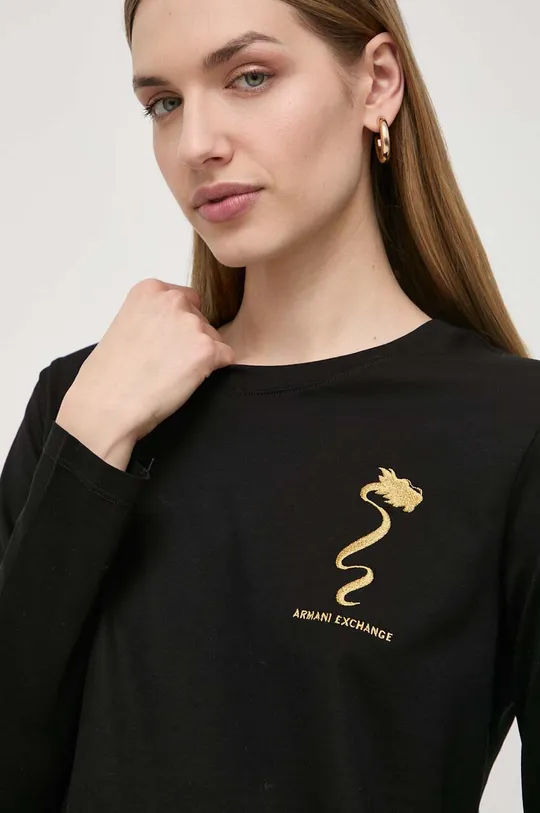 črna Bombažna majica z dolgimi rokavi Armani Exchange Ženski