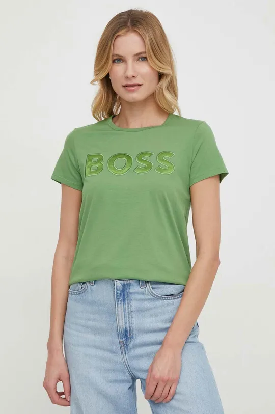 зелёный Хлопковая футболка BOSS Женский