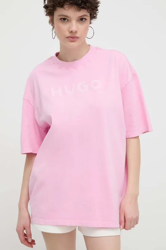 roza Bombažna kratka majica HUGO Ženski