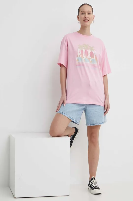 Βαμβακερό μπλουζάκι Roxy ροζ