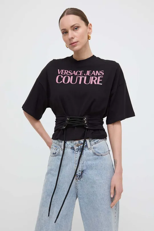 črna Bombažna kratka majica Versace Jeans Couture