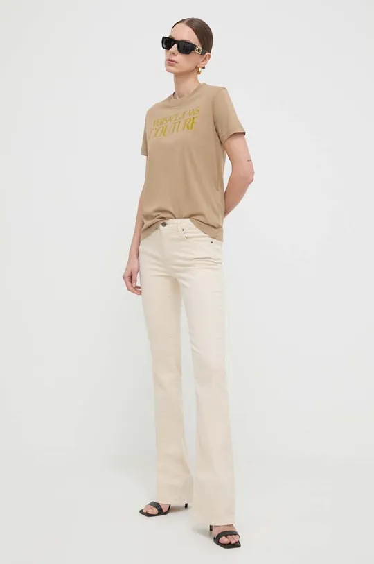 Bombažna kratka majica Versace Jeans Couture bež