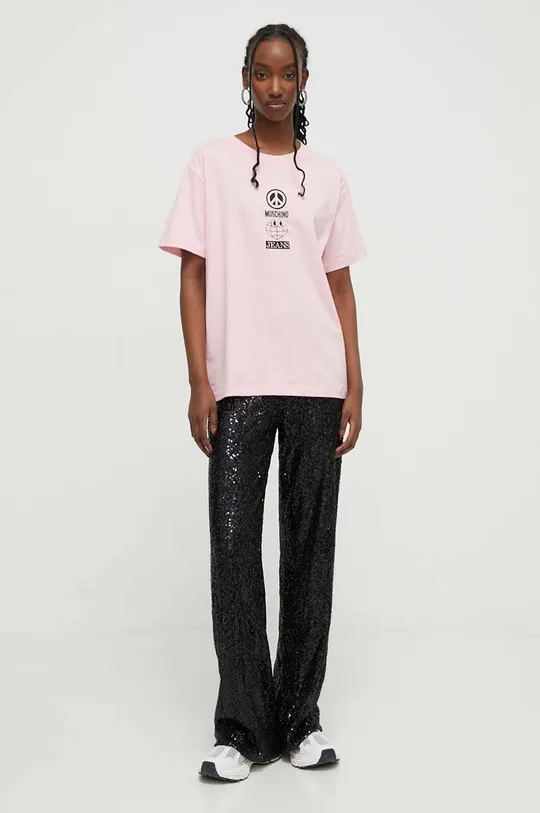 Βαμβακερό μπλουζάκι Moschino Jeans ροζ