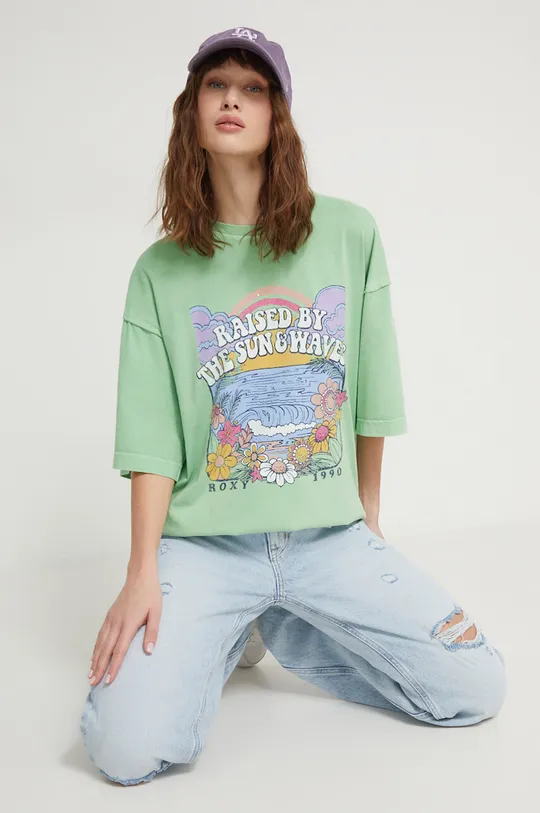 zielony Roxy t-shirt bawełniany  Sweet Shine Damski