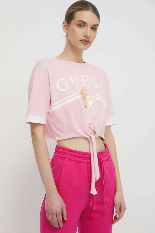 różowy Guess t-shirt bawełniany MYLAH Damski