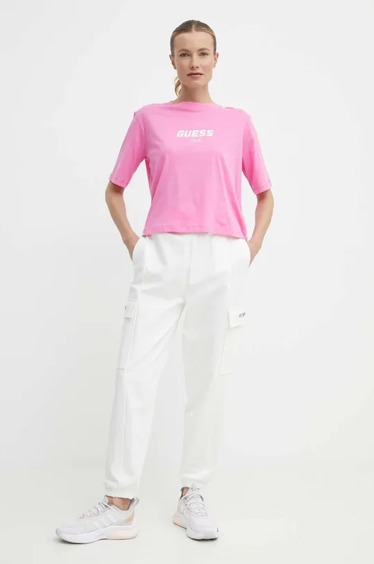 Βαμβακερό μπλουζάκι Guess NATALIA ροζ