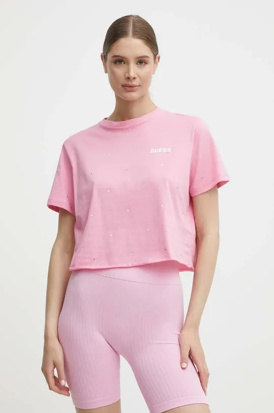różowy Guess t-shirt bawełniany SKYLAR Damski