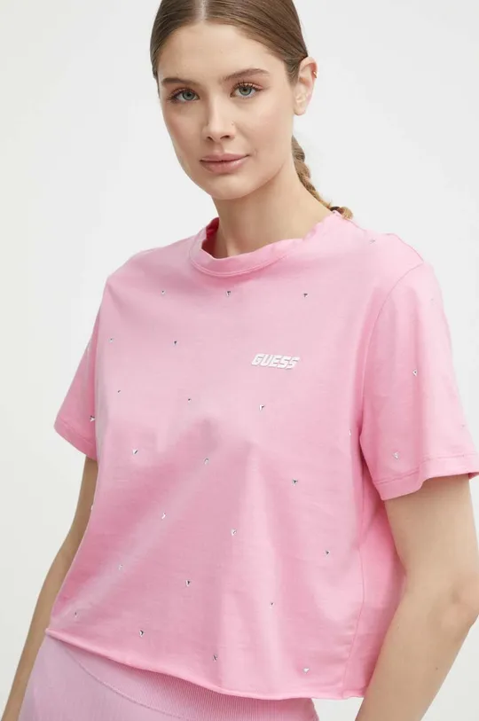 rózsaszín Guess pamut póló SKYLAR