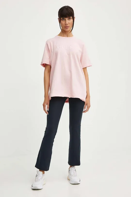 Βαμβακερό μπλουζάκι Guess ATHENA ροζ
