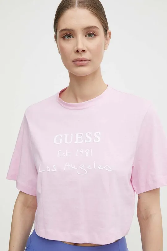 ροζ Βαμβακερό μπλουζάκι Guess DAKOTA Γυναικεία