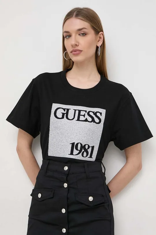 чорний Бавовняна футболка Guess Жіночий