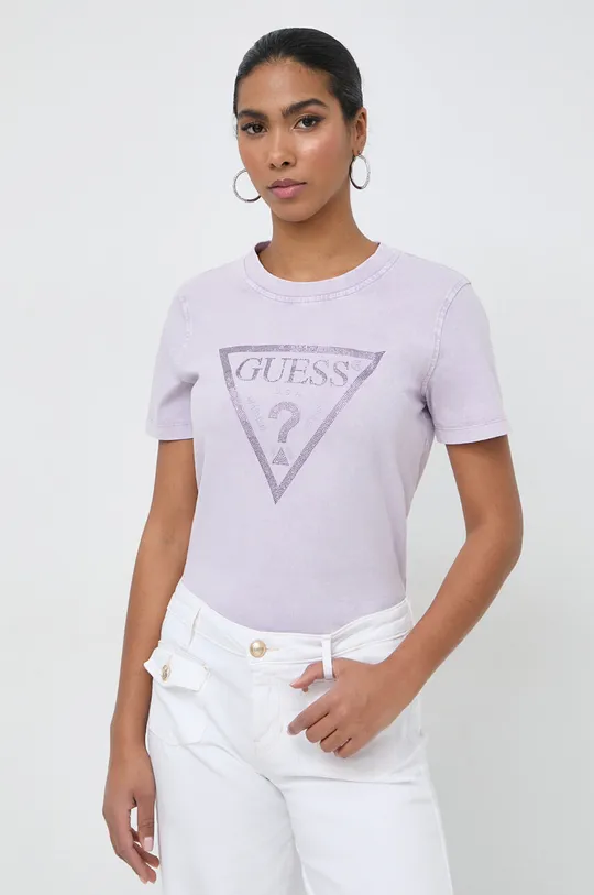 fioletowy Guess t-shirt bawełniany