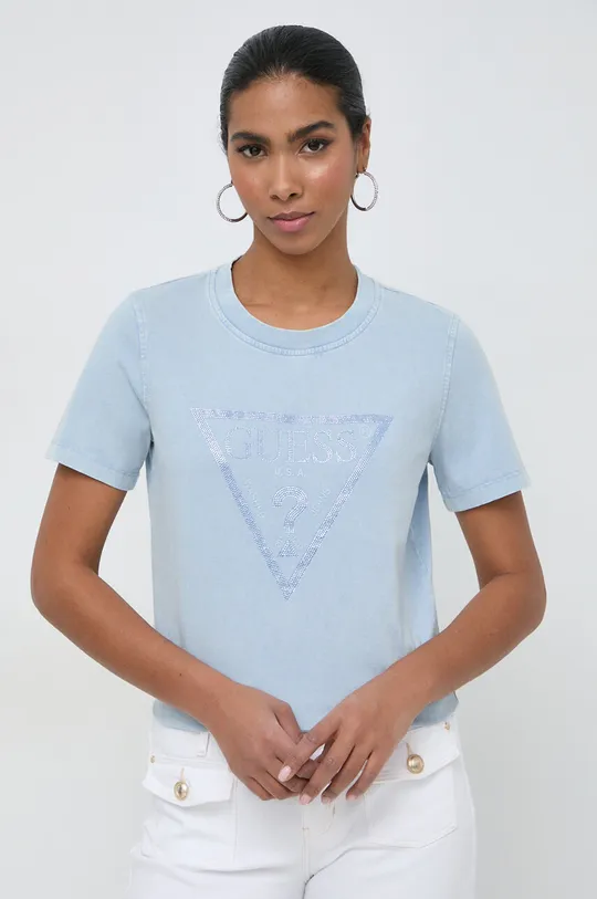 μπλε Βαμβακερό μπλουζάκι Guess Γυναικεία