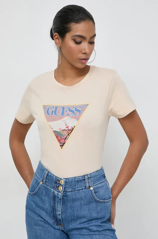 bež Bombažna kratka majica Guess Ženski