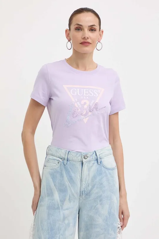 vijolična Bombažna kratka majica Guess