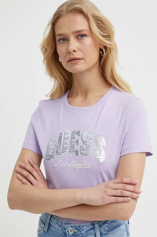 Bombažna kratka majica Guess vijolična