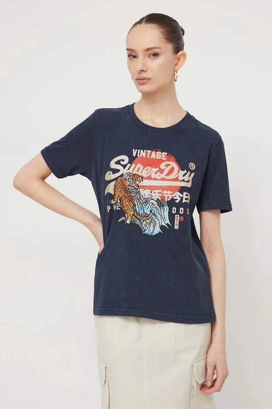 granatowy Superdry t-shirt bawełniany Damski