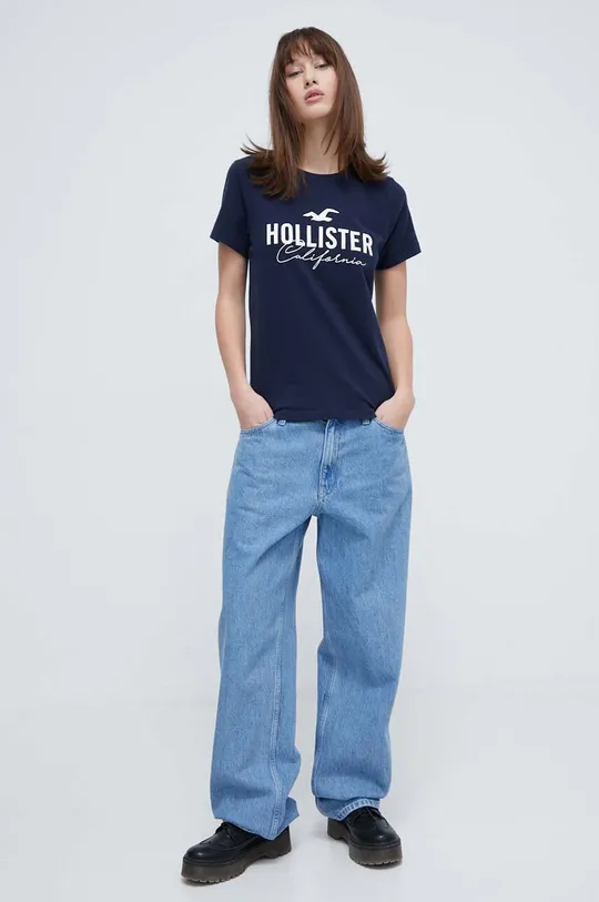 Bombažna kratka majica Hollister Co. mornarsko modra
