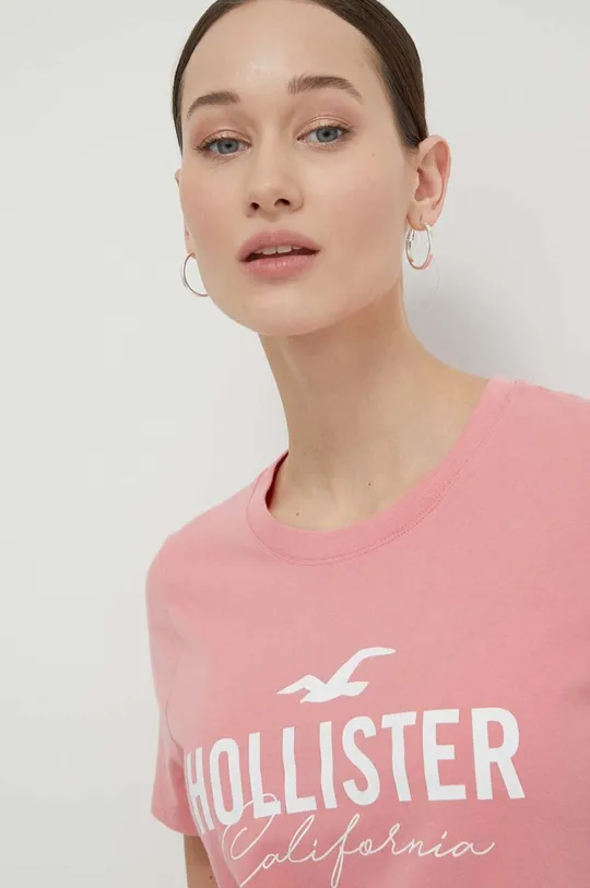 Βαμβακερό μπλουζάκι Hollister Co. ροζ
