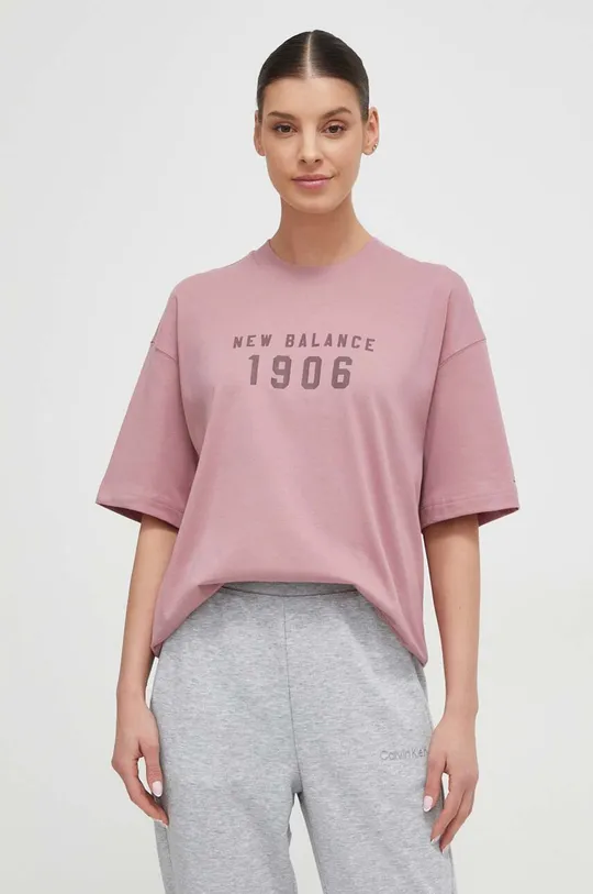 ροζ Βαμβακερό μπλουζάκι New Balance Γυναικεία