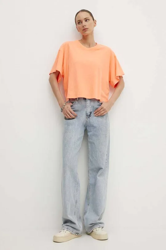Kratka majica s primesjo lanu American Vintage TEE-SHIRT MC COL ROND oranžna