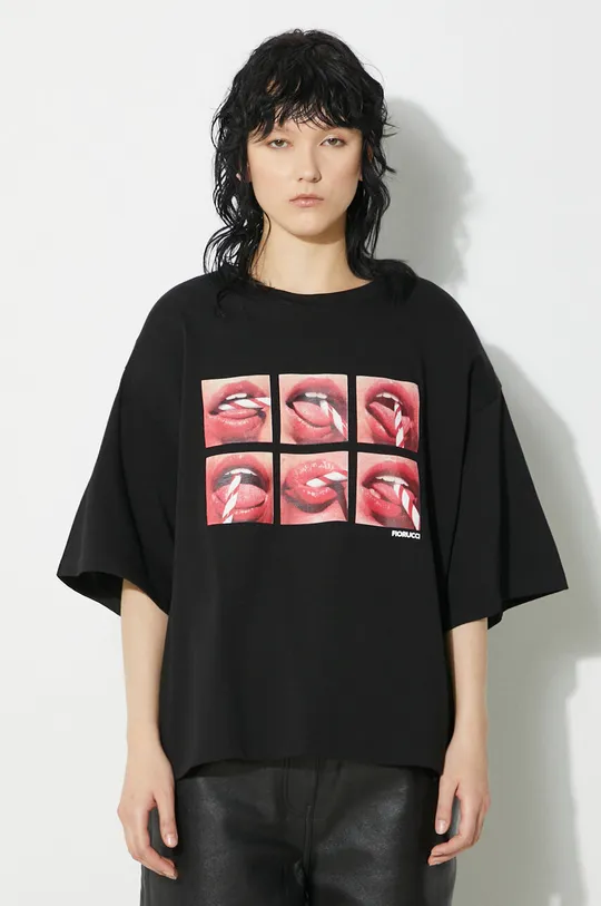 čierna Bavlnené tričko Fiorucci Mouth Print Padded T-Shirt Dámsky