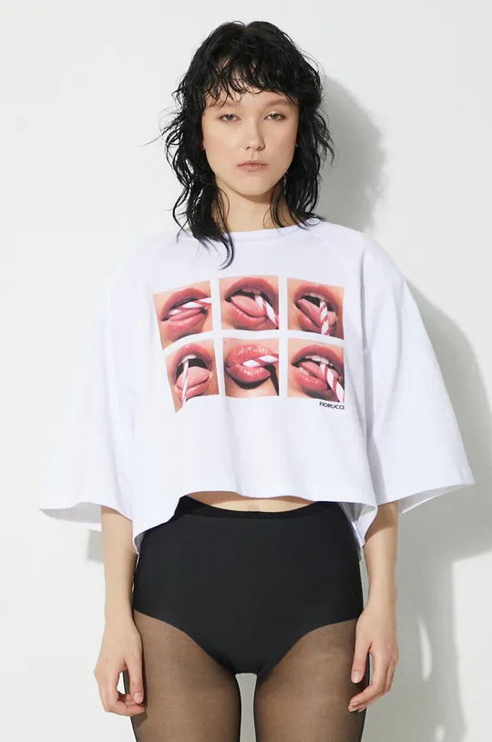 bianco Fiorucci t-shirt in cotone Mouth Print Cropped Padded T-Shirt Donna