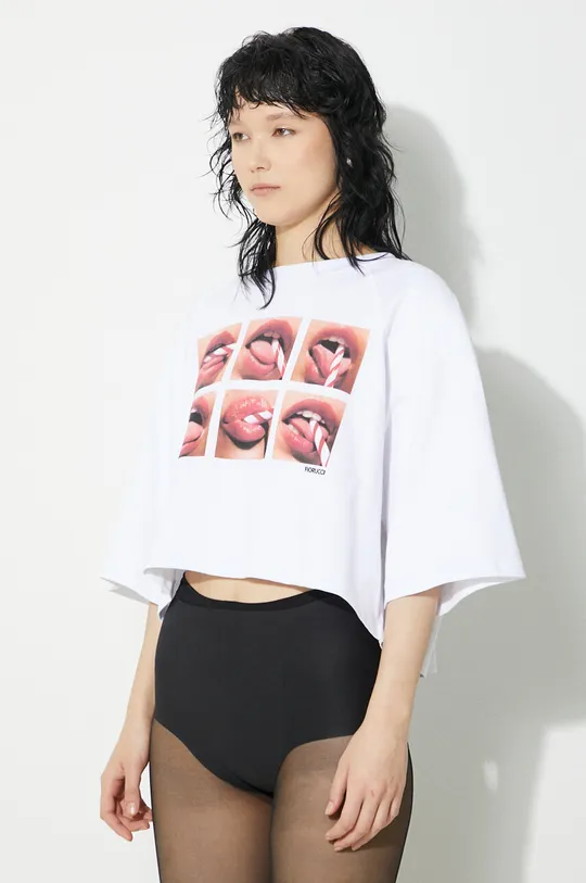 bianco Fiorucci t-shirt in cotone Mouth Print Cropped Padded T-Shirt
