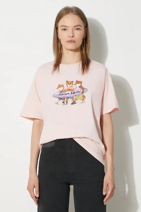 roza Pamučna majica Maison Kitsuné Surfing Foxes Comfort Tee Shirt Ženski