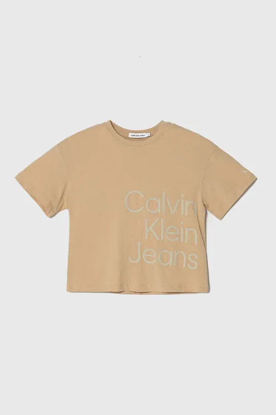 bež Otroška bombažna kratka majica Calvin Klein Jeans Dekliški