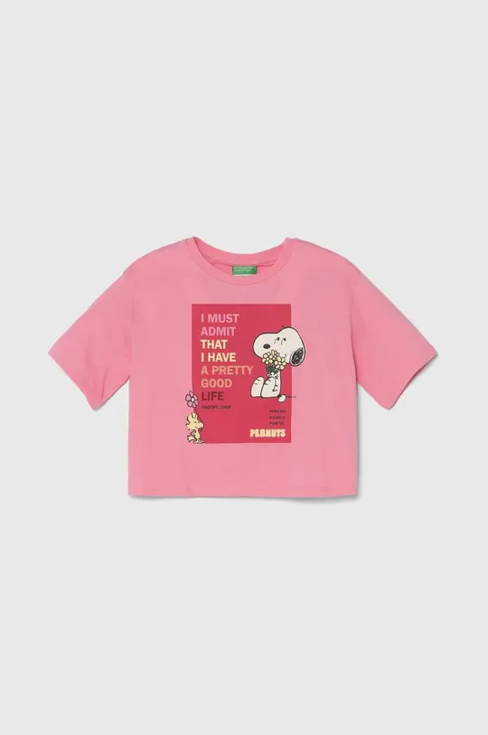różowy United Colors of Benetton t-shirt bawełniany dziecięcy X Peanuts Dziewczęcy