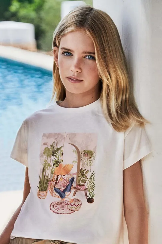 beżowy Mayoral t-shirt bawełniany dziecięcy Dziewczęcy