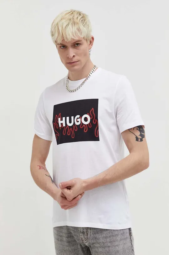 bela Bombažna kratka majica HUGO Moški
