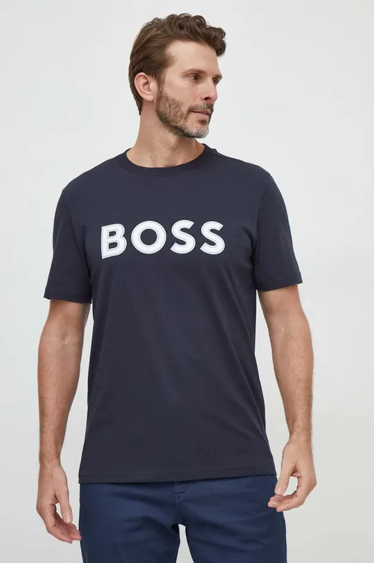 Bombažna kratka majica Boss Green mornarsko modra