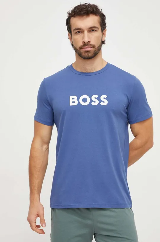 modra Bombažna kratka majica BOSS Moški