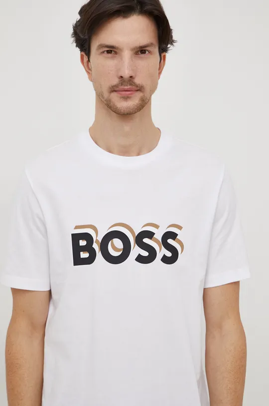 Βαμβακερό μπλουζάκι BOSS λευκό