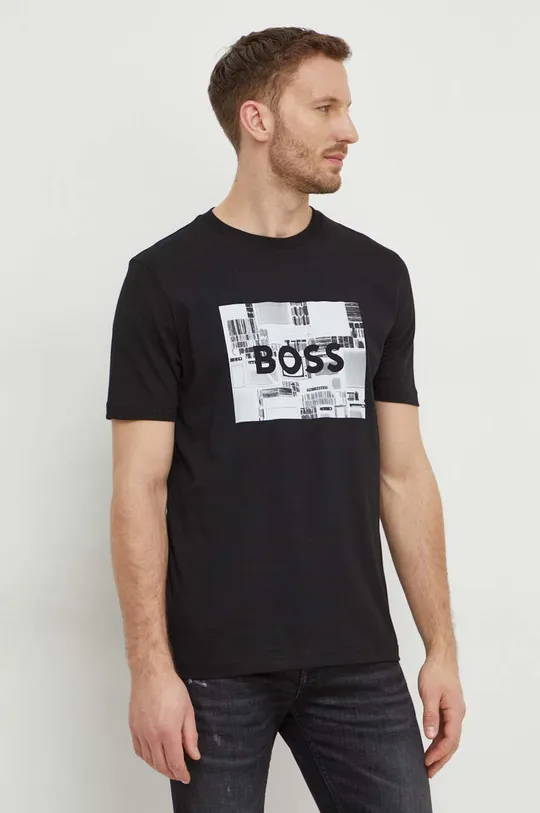 чёрный Хлопковая футболка Boss Orange Мужской
