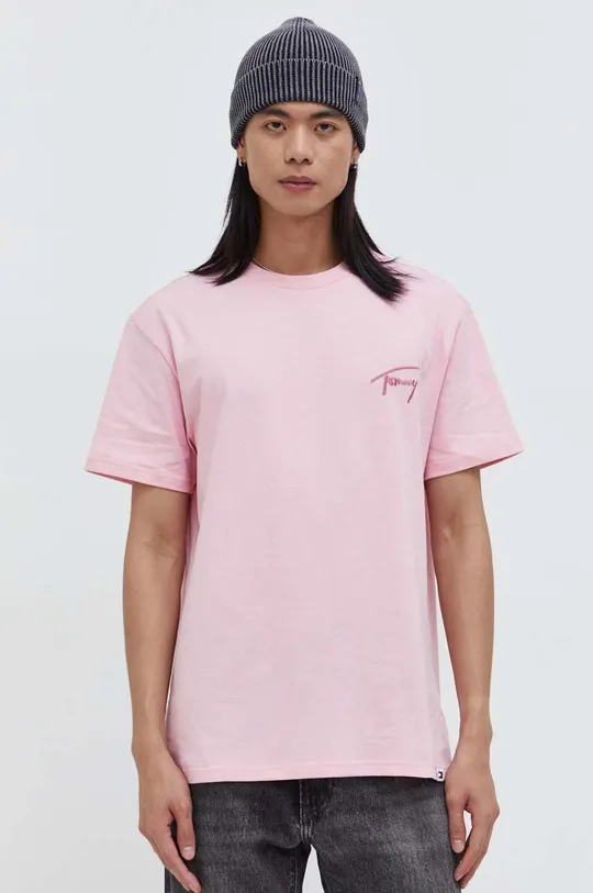 ροζ Βαμβακερό μπλουζάκι Tommy Jeans Ανδρικά