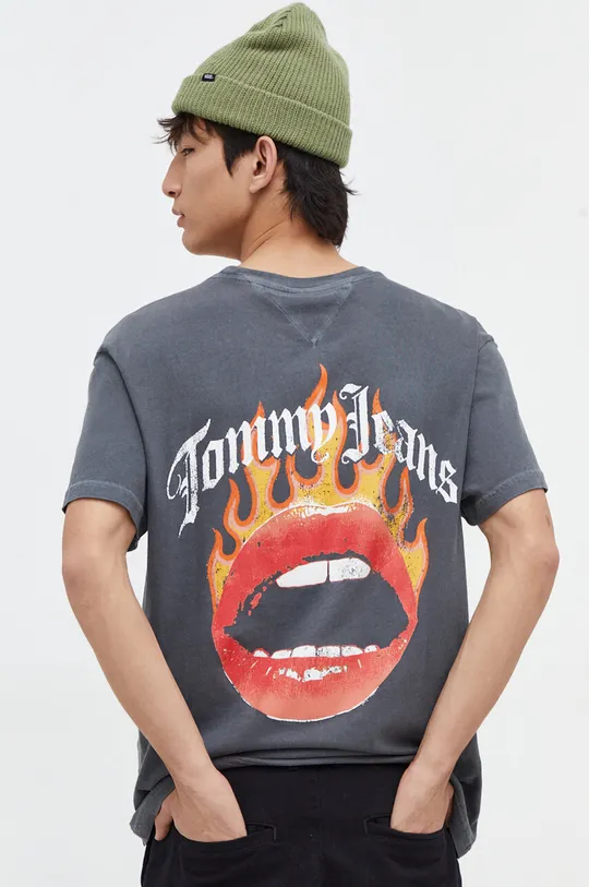 γκρί Βαμβακερό μπλουζάκι Tommy Jeans Ανδρικά