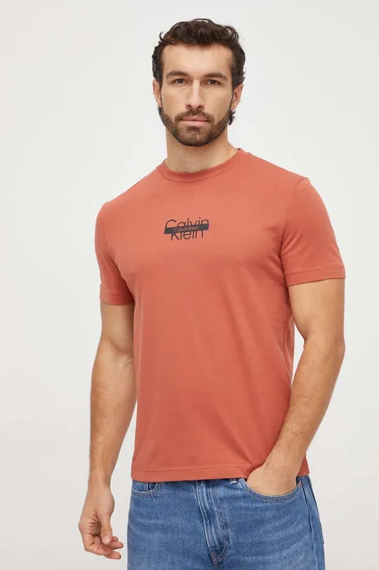 oranžna Bombažna kratka majica Calvin Klein Moški