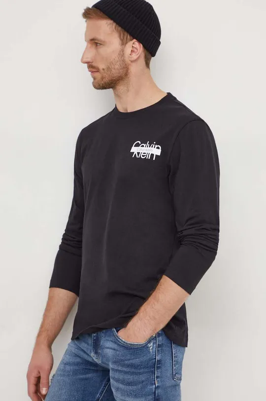 čierna Bavlnené tričko s dlhým rukávom Calvin Klein Pánsky