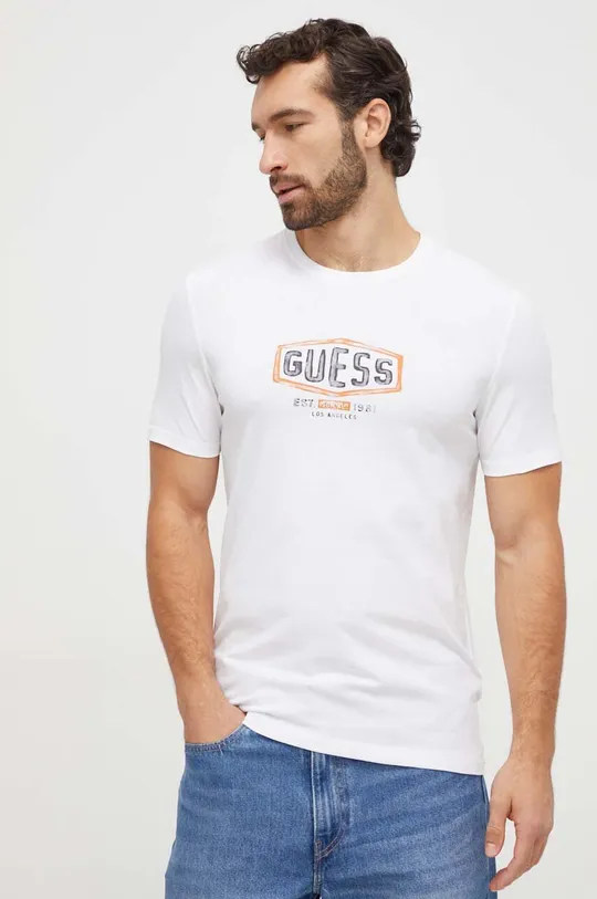 Bombažna kratka majica Guess bela
