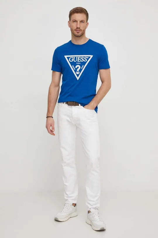 Bombažna kratka majica Guess modra