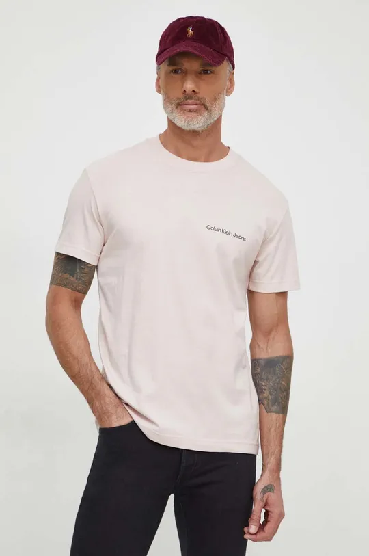 ροζ Βαμβακερό μπλουζάκι Calvin Klein Jeans Ανδρικά