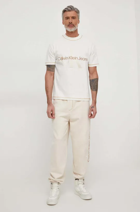 Bombažna kratka majica Calvin Klein Jeans bež