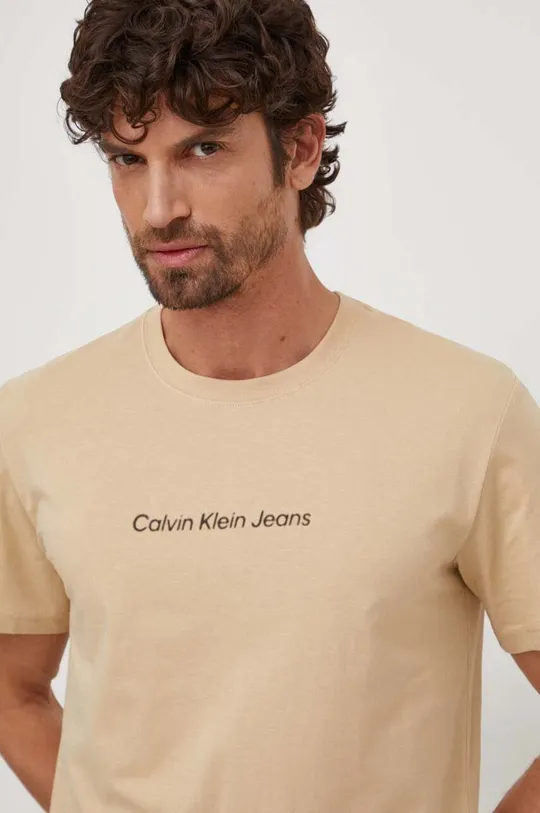 beżowy Calvin Klein Jeans t-shirt bawełniany