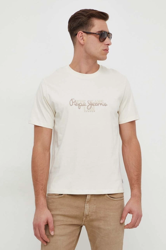 μπεζ Βαμβακερό μπλουζάκι Pepe Jeans Chris Ανδρικά