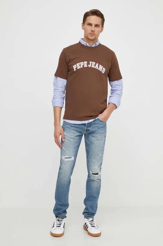 Бавовняна футболка Pepe Jeans коричневий