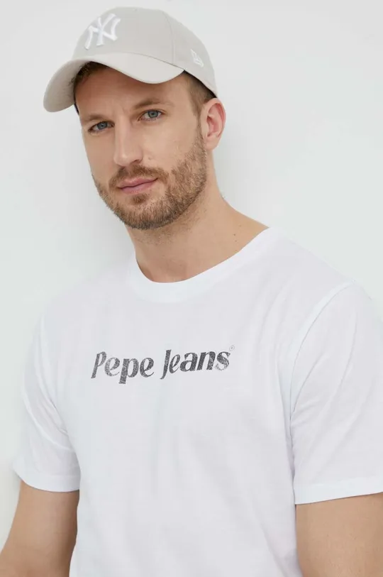 λευκό Βαμβακερό μπλουζάκι Pepe Jeans CLIFTON Ανδρικά